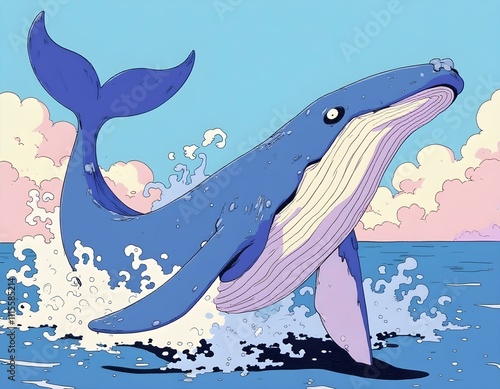 Wallpaper Mural Illustration of blue whale dancing over the ocean with blue sky and white cloud Torontodigital.ca