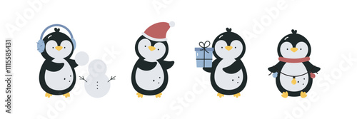 Set with cute penguins. Christmas design. Cartoon flat vector illustration. Elements for printing, poster, card.