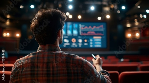 Engaged Audience Member Analyzing Financial Data in a Modern Theater Setting with Visual Displays of Market Trends and Graphs