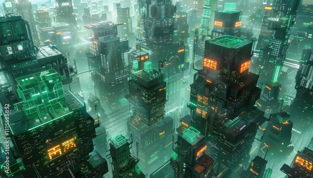 Naklejka premium Futuristic Cityscape Towers Glowing Green And Orange Lights