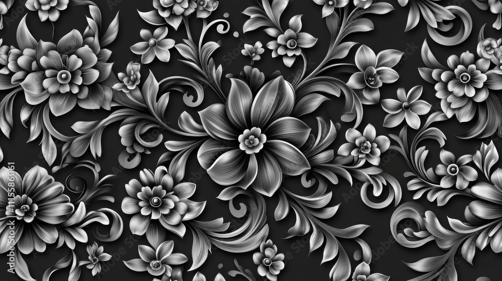 Elegant grayscale floral pattern with embossed flowers and leaves on dark background. Elegant grayscale floral pattern with embossed flowers and leaves on dark background.