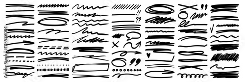 Hand drawn strikethrough, highlight markers, swirl, arrows and squiggles lines asset. Crosses, curved and trendy scribble brush strokes. Isolated vector illustration.