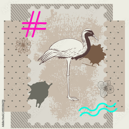 vector collage with animal and neon color elements, creative composition with sketch of demoiselle crane