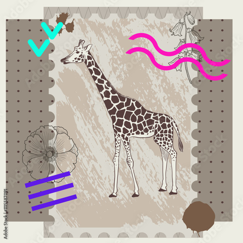 vector collage with animal and neon color elements, , creative composition with sketch of giraffe