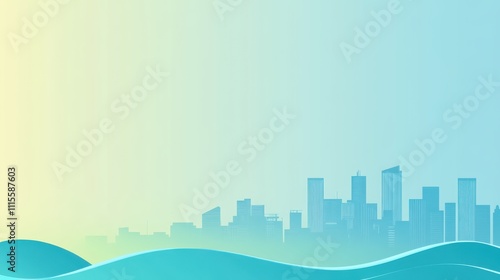 Blue and Green Gradient Background with City Skyline and Line Waves