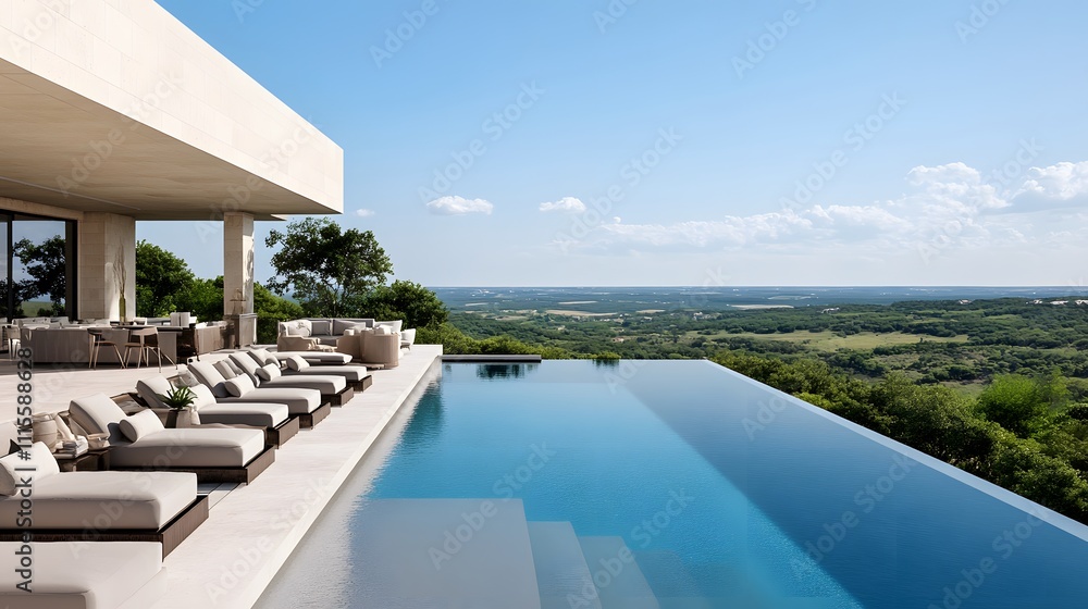 Fototapeta premium Modern villa with an infinity pool overlooking a scenic landscape.