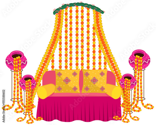 floral backdrop stage for Mahendi haldi and sangeet wedding decoration with marigold flowers Indian wedding function decor