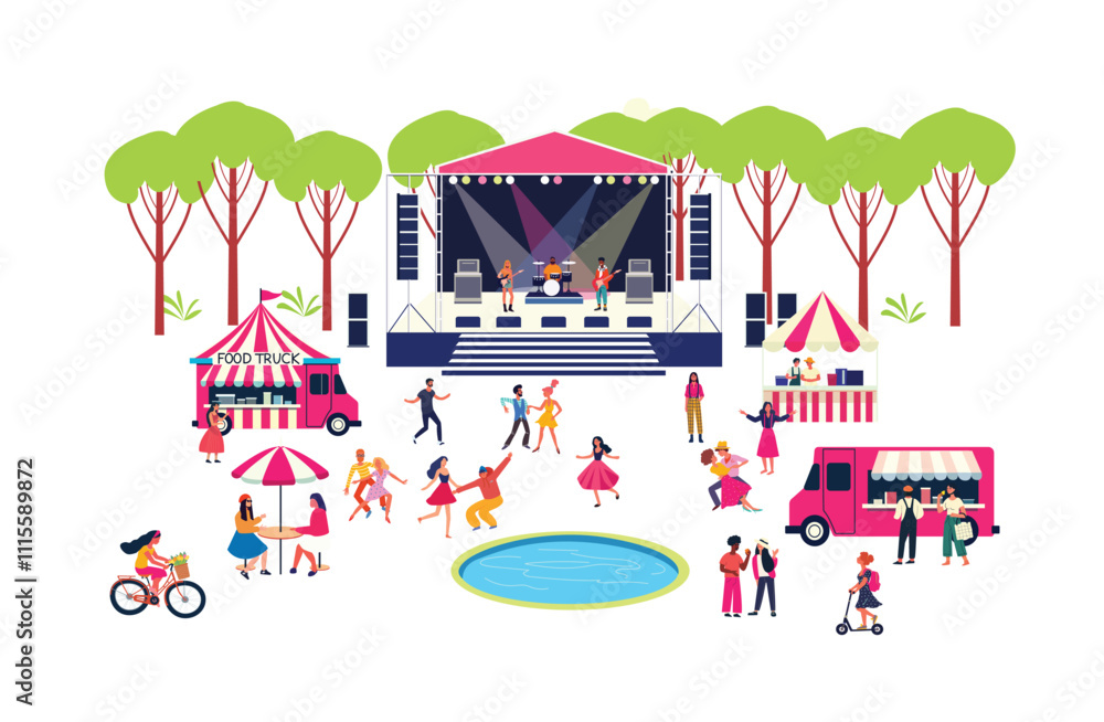 Obraz premium Open-air music festival featuring a live performance on an outdoor stage, with people dancing in nature. The event includes food trucks, flat vector illustration
