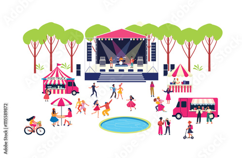 Open-air music festival featuring a live performance on an outdoor stage, with people dancing in nature. The event includes food trucks, flat vector illustration