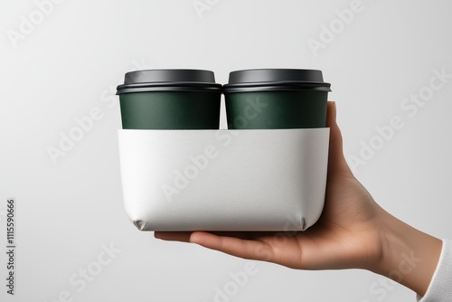 Hand holding a white cardboard beverage carrier with green label for two cups on a plain background photo