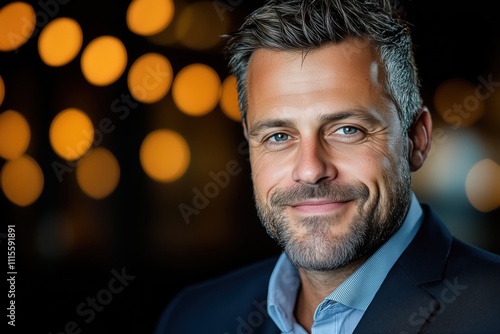 Handsome man smiles confidently with accent lighting in a sophisticated setting photo