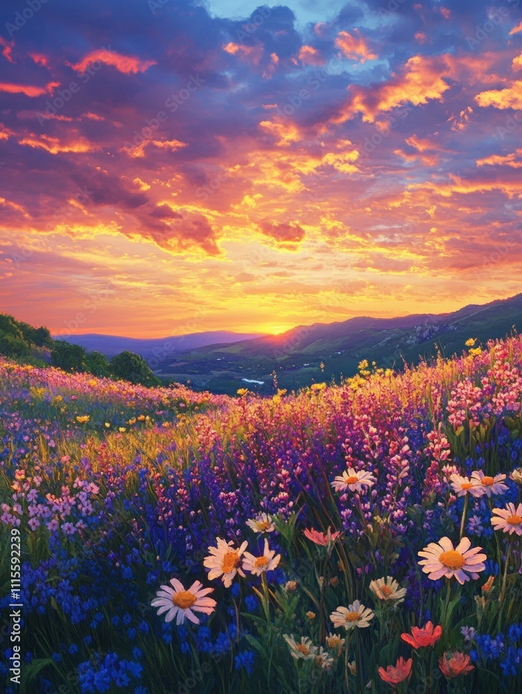 Obraz premium Vibrant Dawn Over Wildflower Field, a stunning sunrise casts warm hues across a blooming landscape, filling the air with enchantment and the promise of a new day.