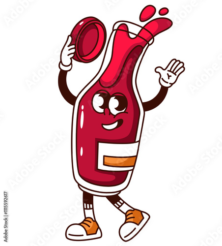 Groovy ketchup bottle cartoon character walking with smile. Funny retro sauce for meat in jar with cap and label. BBQ picnic party mascot, cartoon tomato ketchup sticker of 70s 80s vector illustration