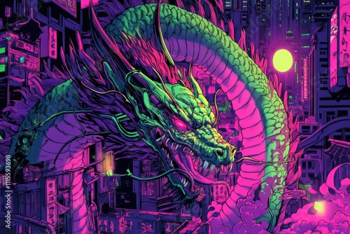 Cyberpunk Manga Dragon with Japanese Tattoos on Colorful Anime Comic Book Cover photo