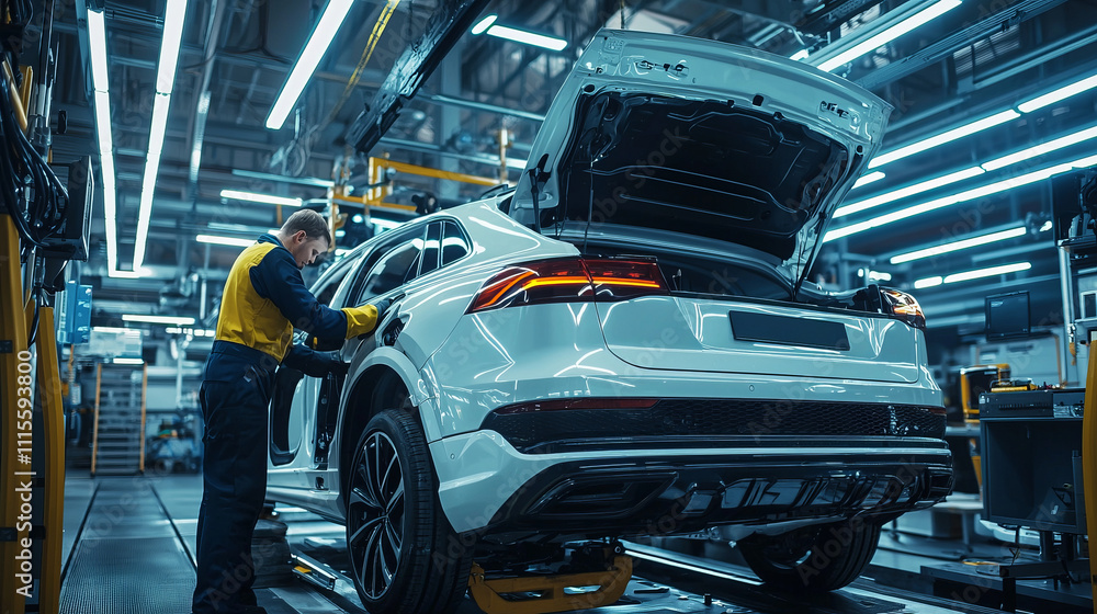 Fototapeta premium Mechanic inspecting car in modern automotive repair workshop