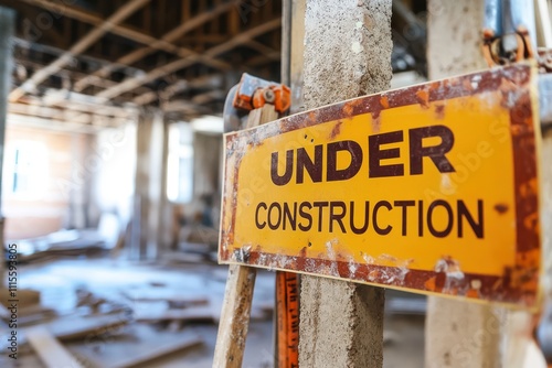 Under Construction Sign in Building with Blurred Background photo