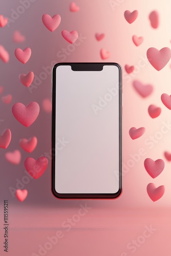 Mobile Phone with Blank White Display Surrounded by Floating Hearts photo