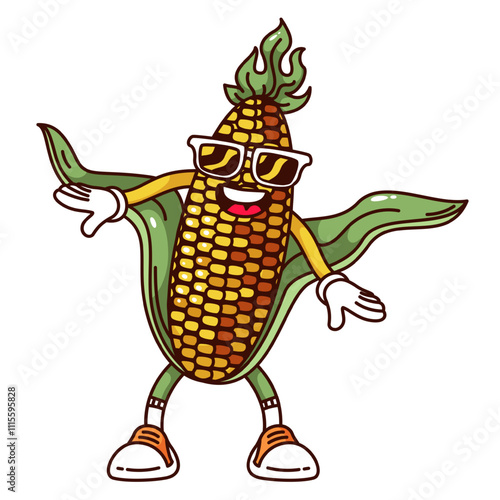 Groovy grilled corn cartoon character with happy smile and hippie sunglasses. Funny retro corn with leaves waving in air. BBQ party mascot, cartoon barbecue food sticker of 70s 80s vector illustration