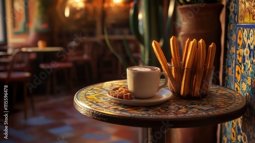 A Warm Cappuccino with Churros at a Cozy Cafe