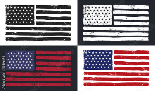 Set of American distressed flag. Grunge USA flag design. Grunge USA Flag. Brush paint texture. Template US symbol, United States flag Vector Illustration for Celebration.