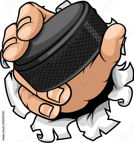 A hand holding an ice hockey puck cartoon design