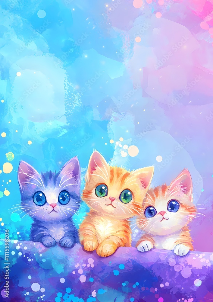 Three adorable cartoon kittens with big eyes against a colorful, abstract background. Three adorable cartoon kittens with big eyes against a colorful, abstract background.