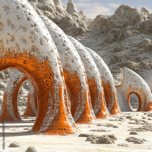 Surreal architectural landscape of organic structures futuristic desert environment digital art perspective on nature's beauty photo