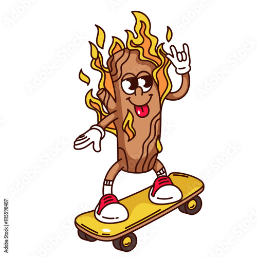 Groovy firewood cartoon character riding skateboard. Funny retro burning wood with tongue hanging out and rock horn gesture. BBQ mascot, cartoon firewood sticker of 70s 80s vector illustration