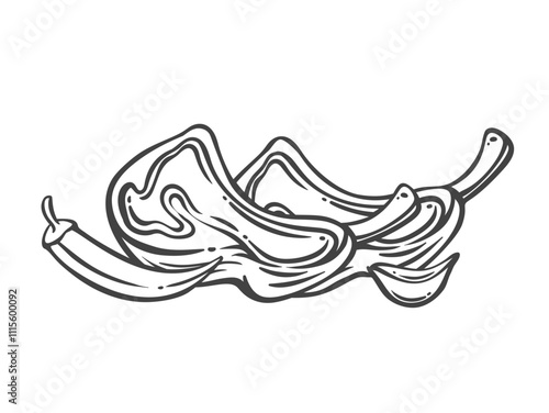 Beef steak two slices with bones line icon. Outline hand drawn sketch of tomahawk steaks, rib chops with garlic and chili. Butchers shop product, BBQ mascot, beefsteaks icon vector illustration