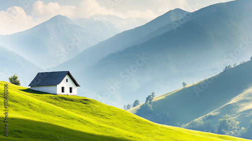 House on Green Hills with Mountains in Background