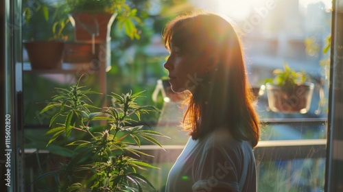 Beautiful young woman with long red hair and freckles is standing near the window in the morning. photo