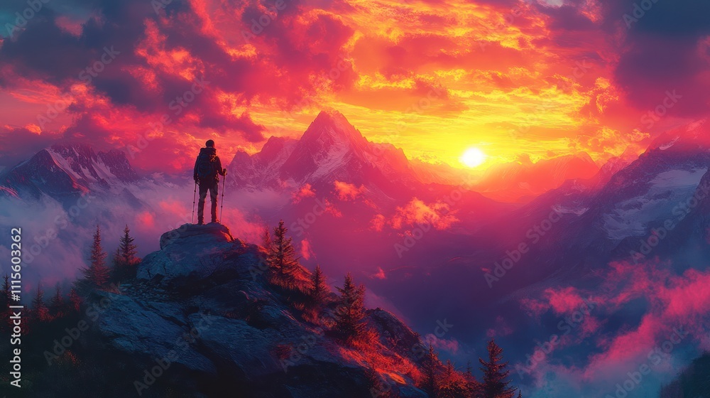 Fototapeta premium Hiker silhouetted against vibrant sunset over majestic mountains.