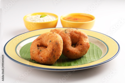 Medu Vada, a popular South Indian food served with Sambar ,Green coconut chutney ,Vada ,Medu vadai with sambar - Popular South Indian snack photo