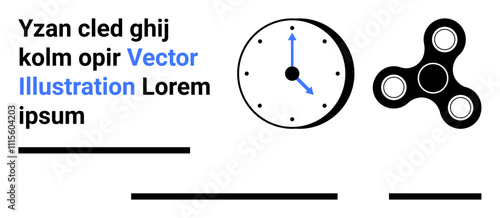 Clock with blue hands and fidget spinner in black and white style. Ideal for time management, productivity tips, toys, relaxation, modern design elements, technology, educational materials. Landing