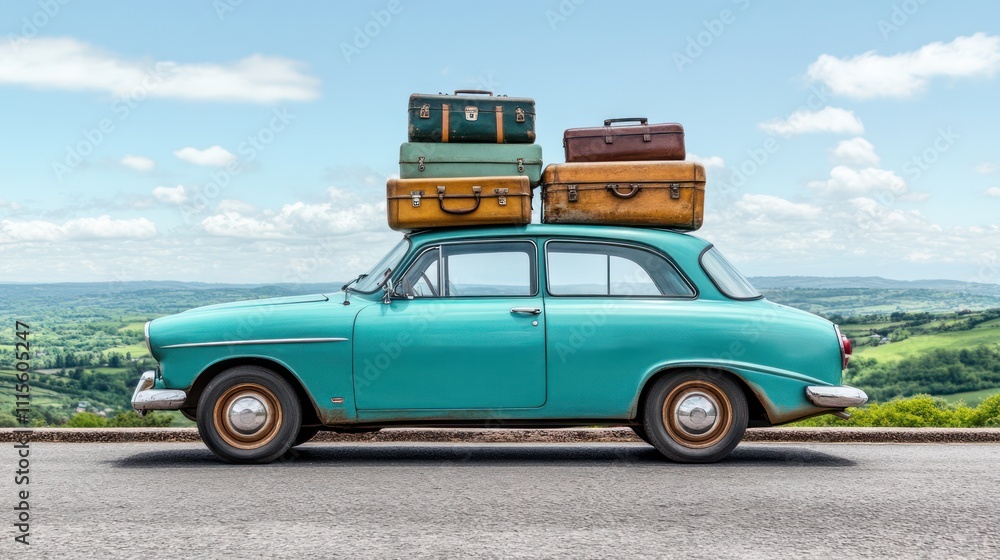 Fototapeta premium Retro car with stacked vintage suitcases on a countryside road. Summer travel and adventure concept