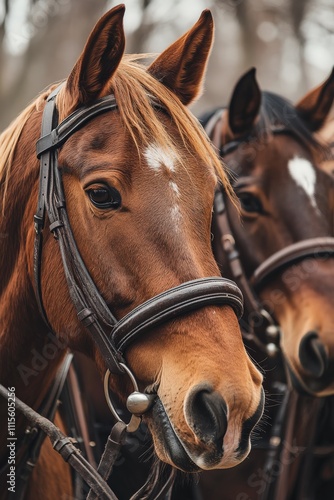 Close-Up Portrait of Horses Harnessed photo