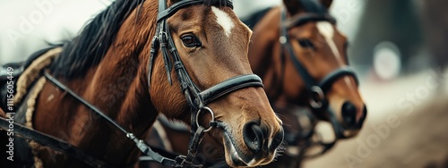 Close-Up Portrait of Horses Harnessed photo