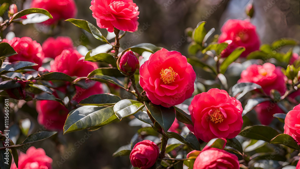 Obraz premium The evolution of a red camellia, showcasing its journey from a closed bud to a fully blossomed state