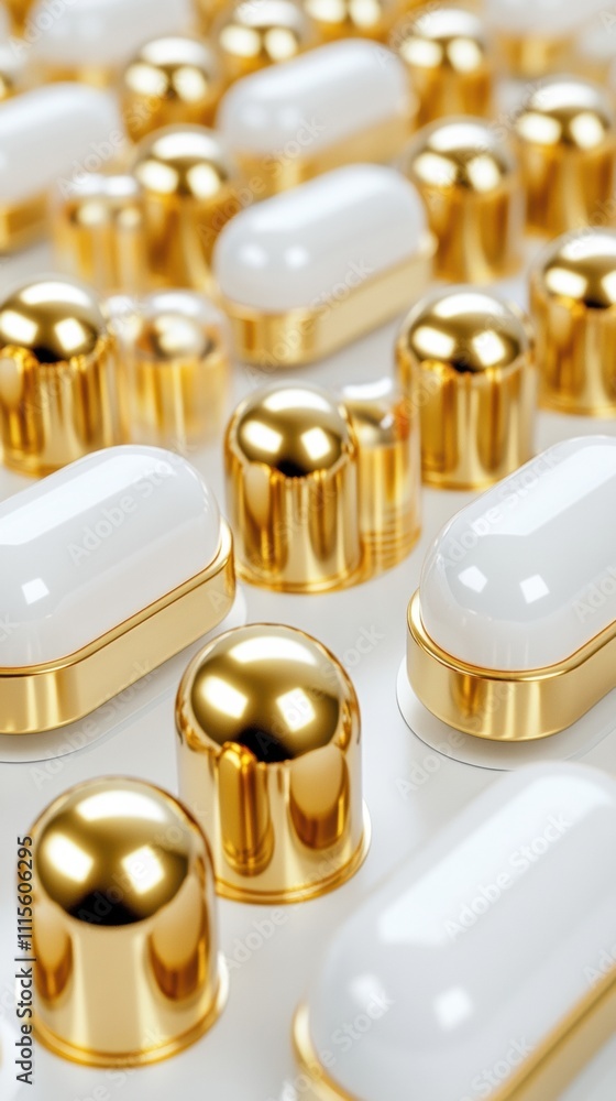 Golden capsules arranged in a sleek pattern create a luxurious and futuristic aesthetic, AI