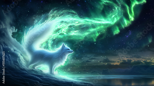 Spirit of the northern lights, white polar fox, hero of the myth of the polar lights Aurora borealis photo