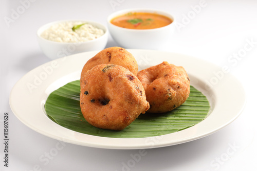 Medu Vada, a popular South Indian food served with Sambar ,Green coconut chutney ,Vada ,Medu vadai with sambar - Popular South Indian snack photo