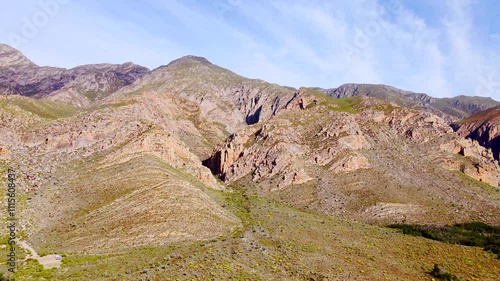 Rugged Langeberg mountains in Littel Karoo of South Africa. Aerial pan photo