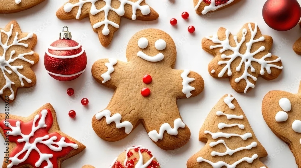 Decorative gingerbread cookies in holiday shapes with icing, accompanied by a red Christmas ornament. Decorative gingerbread cookies in holiday shapes with icing, accompanied by a red Christmas ornament.