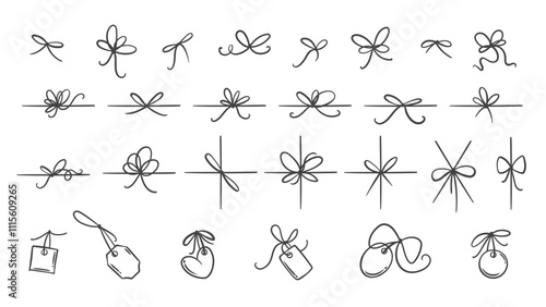 Gift ribbon bow, label tags line icon set. Outline hand drawn cards of different shapes hang on ropes, vintage knot with loops. Present, price mascot, simple creative bow icons vector illustration