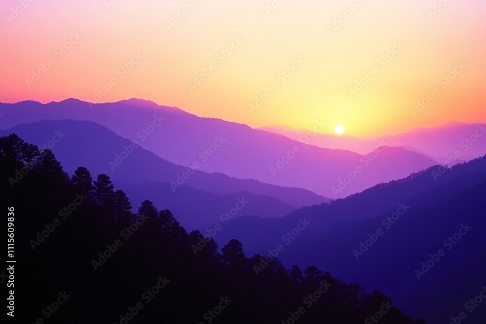 Obraz premium Serene mountain landscape bathed in soft sunset light, sky occupies three-fourths of the view, smooth gradient from orange to indigo, clear sky 5