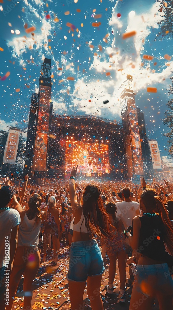Obraz premium A vibrant music festival and concert with an enthusiastic crowd cheering, shouting, and expressing their excitement and joy. The atmosphere is filled with energy, as fans celebrate live performances a