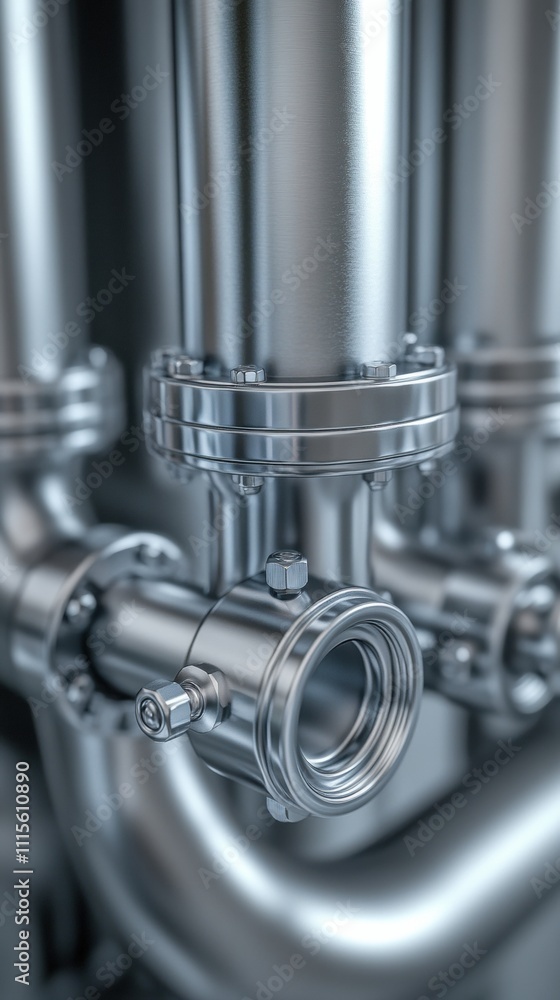 Shiny stainless steel pipes with intricate connections and bolts, AI Shiny stainless steel pipes with intricate connections and bolts, AI