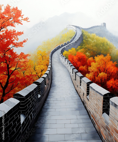 An autumn traveling poster , featuring the Great Wall of China winding through vibrant autumn-colored mountains. The ancient stone wall stretches through rugged terrain,   photo