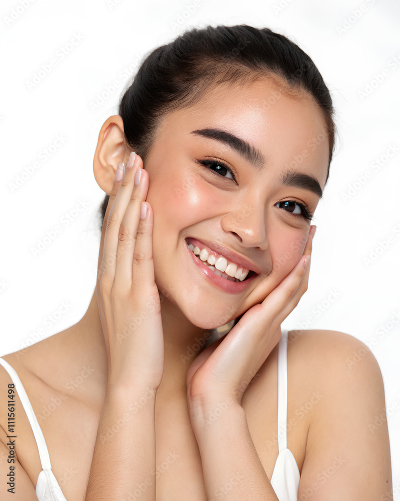 Young Beautiful Asian girl with dark eyebrows touching her cheeks Young Beautiful Asian girl with dark eyebrows touching her cheeks