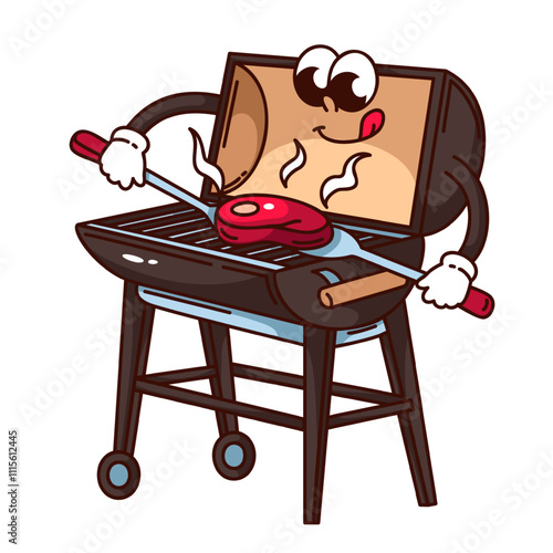 Groovy brazier cartoon character with chefs tools to grill meat steak. Funny retro barbecue roaster with open lid and grate. BBQ, cooking mascot, cartoon grill sticker of 70s 80s vector illustration